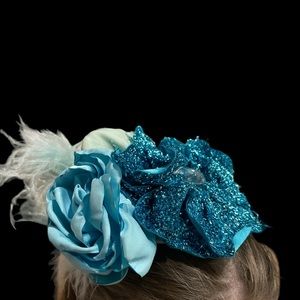 Turquoise blue oversized sequin bow flower feather fascinator headband